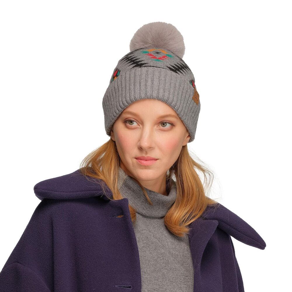 1259 Exclusives Plush Yarn Pom Beanie hat with Daisy Pattern